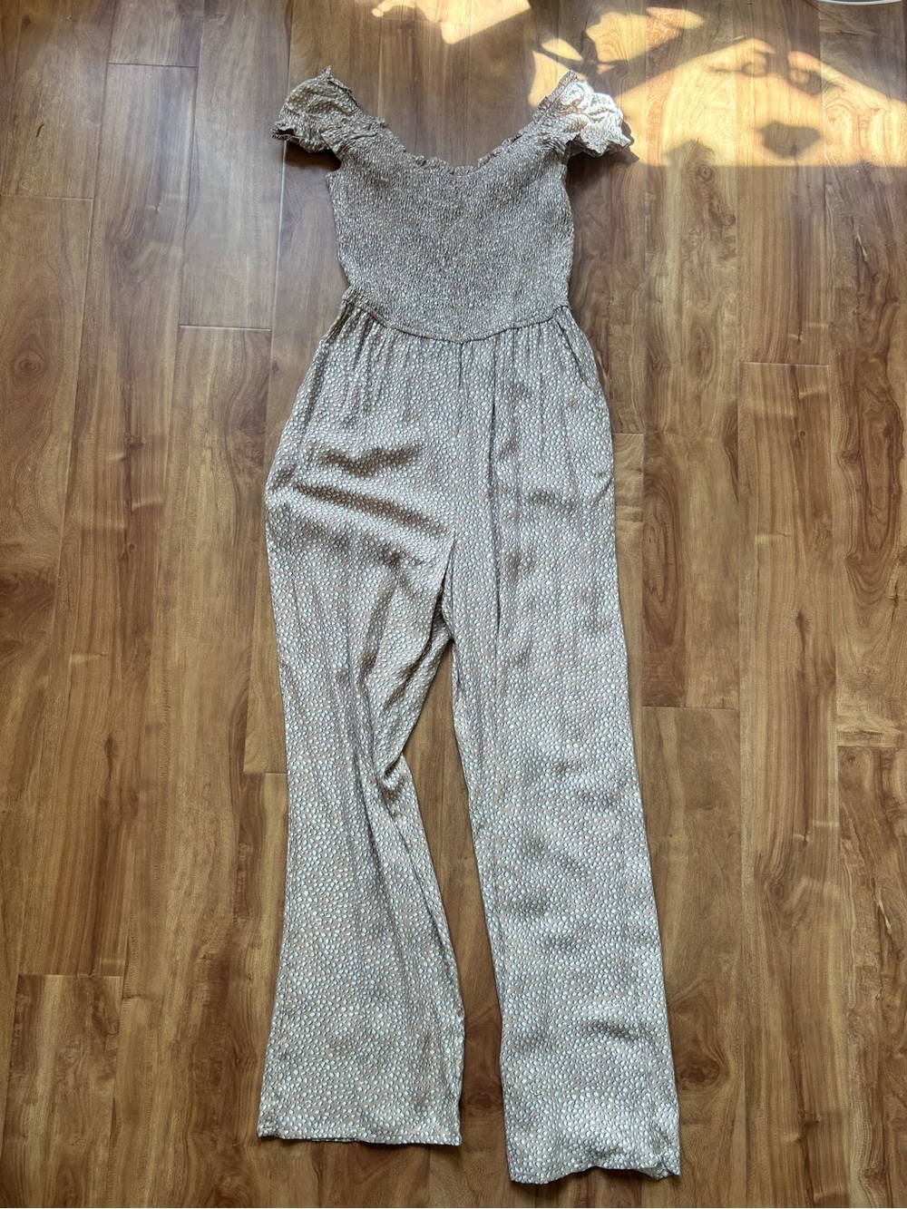 Jessica Simpson Taupe Printed Off-Shoulder Jumpsuit